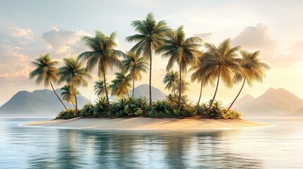 Serene Tropical Island Paradise Sunset Beach Calm Ocean Lush Palm Trees Tranquil Vacation Idyllic Summer Scene Exotic Getaway Peaceful Nature Escape  