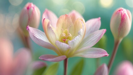 Fototapeta premium Pastel flower blooms with soft petals and hints of pink, against a bokeh backdrop