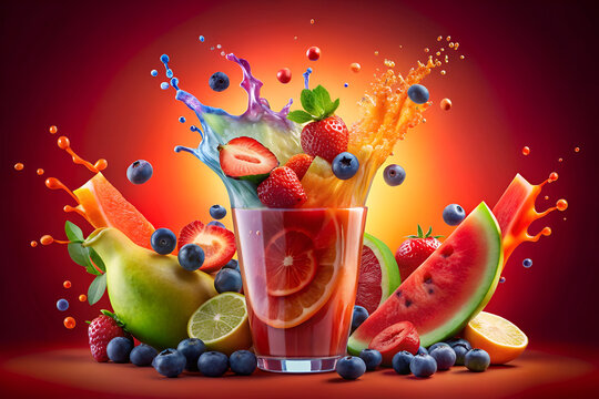 Colorful Fruit Smoothie Glass with Splash and Berries on Red Background - Powered by Adobe