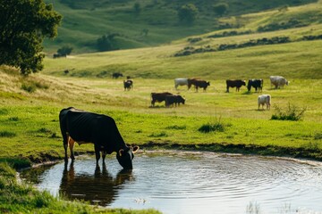 Cows gather in a picturesque countryside, some drinking from a pond while others graze under soft sunlight in the background Generative AI