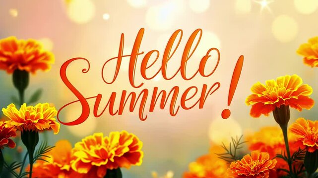 Orange marigold flowers and bokeh lights with text Hello Summer animated greeting card
