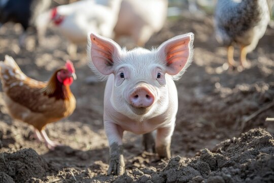 A cheerful piglet wanders through a farmyard, surrounded by curious chickens pecking at the ground on a sunny day Generative AI