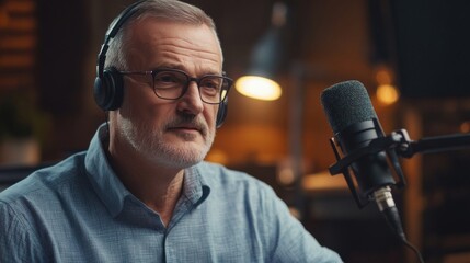 Mature Man with Gray Hair Wearing Headphones Speaking into Microphone in Recording Studio