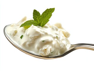 Spoonful of Tzatziki Sauce with Fresh Mint on White Background