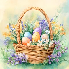 Easter basket filled with eggs and flowers