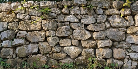 Close-Up of an Ancient Stone Wall, Showcasing the Rough Texture, Weathered Surfaces, and Timeless Strength of Stonework in a Horizontal Panoramic View