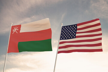 Relations between the countries of the United States of America USA and OMAN represented by the concept of two flags waving against a cloudy sky.3d render.