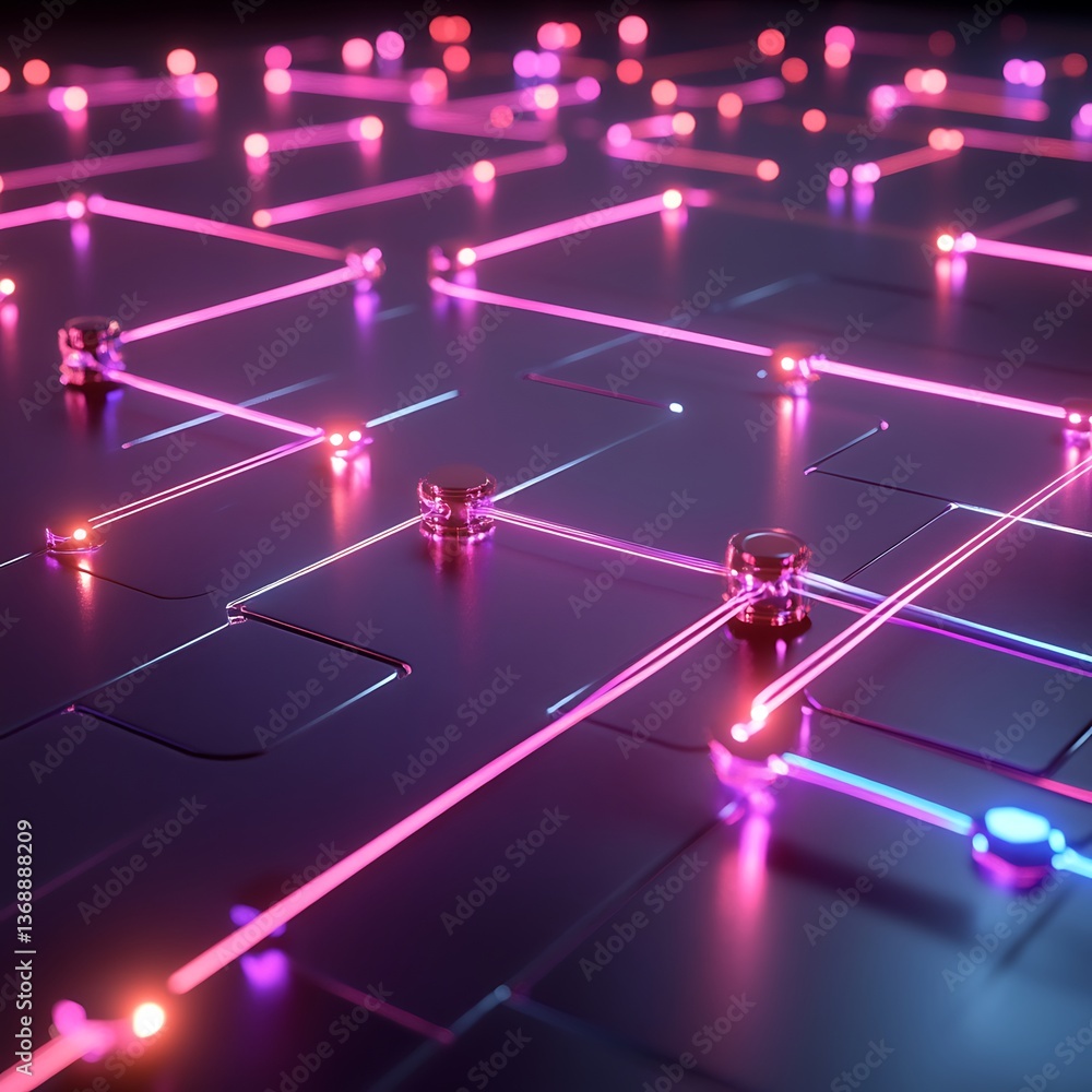 Poster futuristic circuit board network. intricate glowing lines and nodes, creating a complex network. dyn