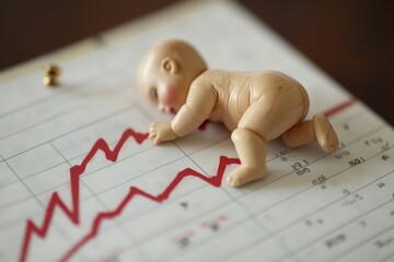 A baby doll is crawling over a financial chart with red lines illustrating growth, suggesting a playful take on market analysis in an office Generative AI