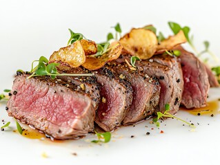 Fototapeta premium Slices of Grilled Beef Steak with Potato Chips and Microgreens