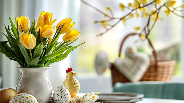 Easter-themed table setting with pastel colors and vibrant tulips