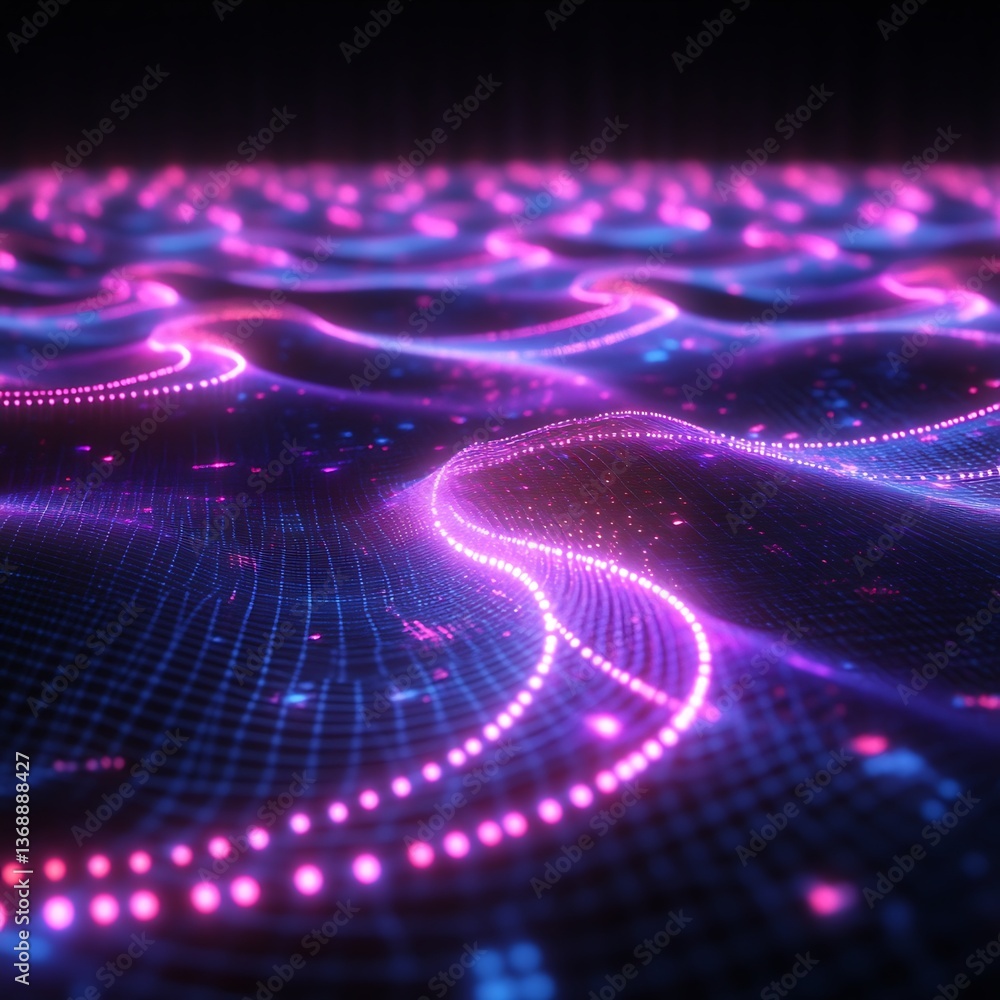 Poster abstract digital wave patterns of glowing lines and dots