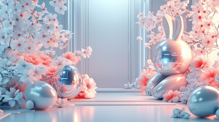 Futuristic Easter decorations with digital flowers, metallic eggs, and holographic bunny on the left, empty right space for text, ideal for AI-themed ads.