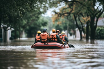 A rescue team of six individuals in bright orange life jackets paddles through flooded streets in an inflatable boat during a storm Generative AI
