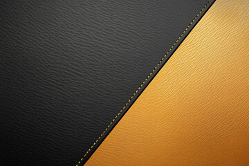 Elegant contrast of black and gold leather textures joined by a subtle yellow stitch, showcasing opulence and refined craftsmanship.
