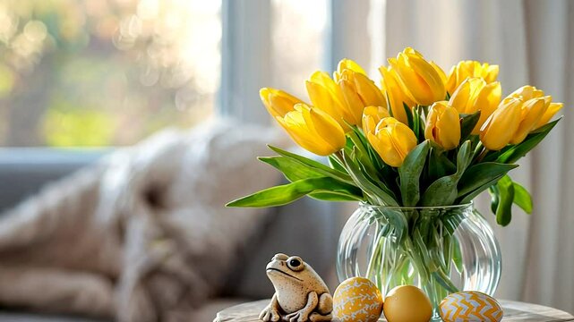 Elegant Easter Table Decor with Tulips and Decorative Eggs