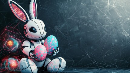 Robotic bunny holding Easter eggs with digital elements and neon lighting on the left, space on the right for text, great for futuristic ad designs.