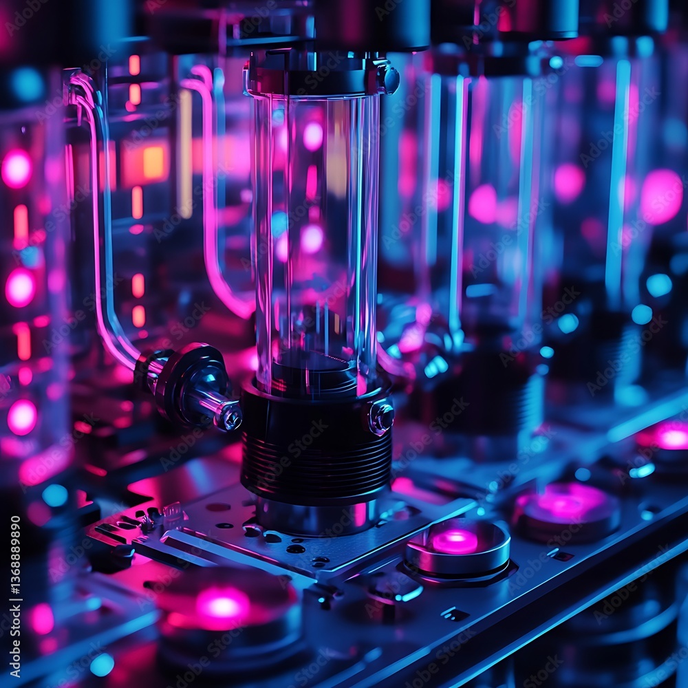 Poster high-tech computer components illuminated with vibrant neon lights. close-up view of intricate cooli
