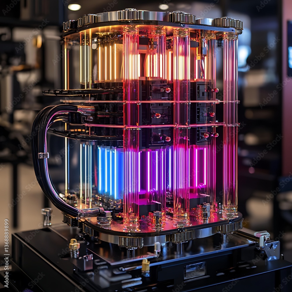Poster advanced technological device with vibrant glowing components housed within a clear enclosure. intri