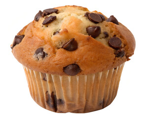 A perfectly baked chocolate chip muffin, a delightful treat promising sweet indulgence and a warm, comforting feeling, shot against a bright white background. AI Generative