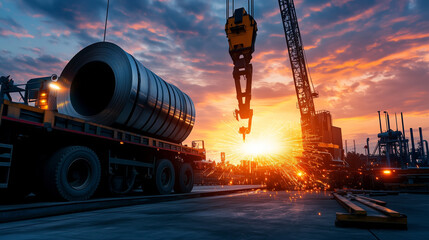 Heavy-duty cranes unloading large metal coils from flatbed trucks, sparks flying as welding equipment operates in the background, all under the twilight sky