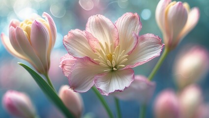 Fototapeta premium Pink & white delicate blossoms bloom, soft focus background, dreamy and ethereal vibe