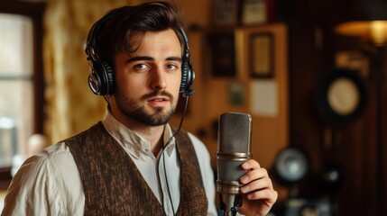Portrait of a Young Man with Headphones Singing into a Vintage Microphone