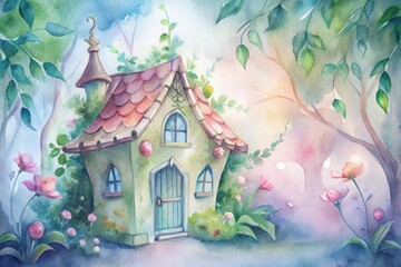 A small pink house with a green roof