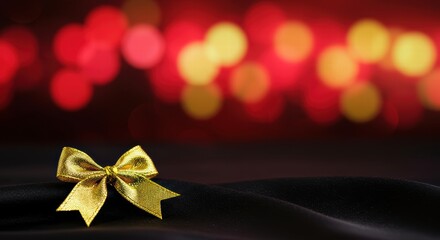A glossy gold ribbon bow rests on a black satin fabric with a vibrant red and gold bokeh light background for a warm holiday celebration look