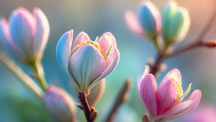 Fototapeta premium Pink and teal flowers on branch with sunlight