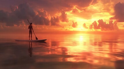 Sunset Paddleboarding Adventure Silhouette of a Person on a StandUp Paddleboard Against a Vib