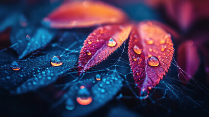 Crimson leaves shimmer with vibrant, iridescent droplets, clinging to a delicate spiderweb against a dark, moody backdrop.