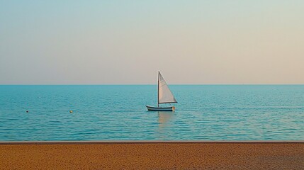 Obraz premium Sailboat on calm turquoise water, clear sky, beach foreground. Peaceful scenic seascape