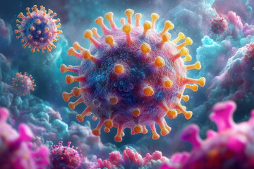Fototapeta premium A vibrant, digitally rendered image showcases a COVID-19 virus particle surrounded by cellular structures, highlighting its intricate design and interaction with a cellular environment.
