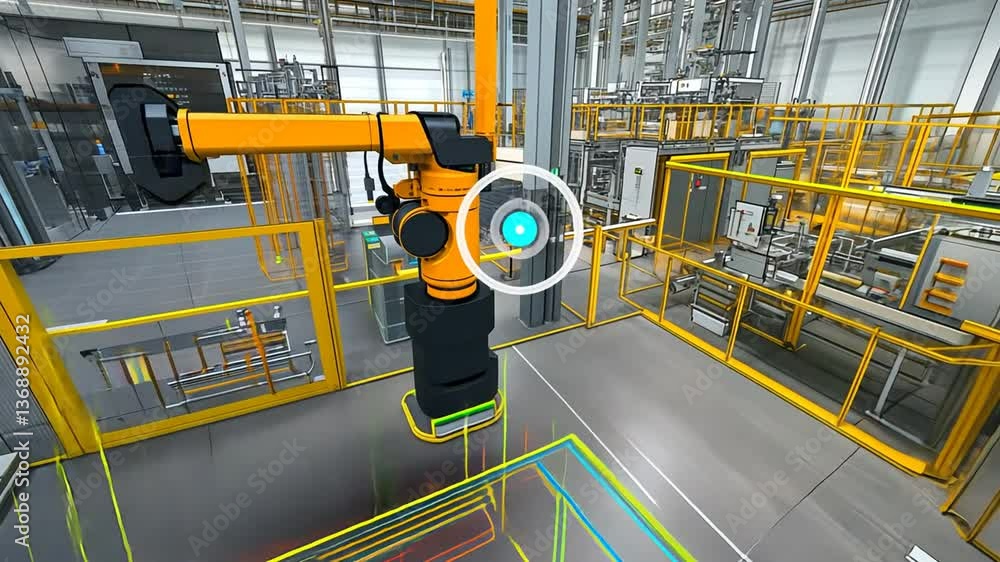 Poster smart factory floor features robotic arms and interactive systems generative ai