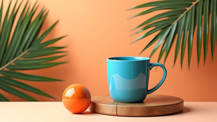 Blue Mug and Orange on Wooden Tray with Palm Leaf - Abstract Background

