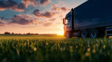 Scenic countryside farm backdrop with a perfectly detailed truck parked by a field, its side panel ready for creative branding or messaging