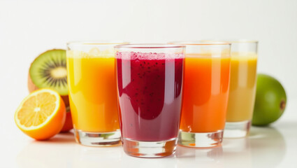 Fototapeta premium Refreshing collection of vibrant fruit juices in clear glasses