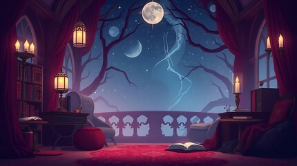 Dark, moonlit study balcony