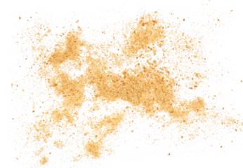 ground biscuit crumbs flying, isolated on white, top view, clipping path	