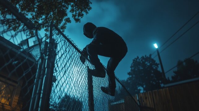 Silhouette of Man Climbing Fence at Night in Dark Urban Environment Under Blue Lighting