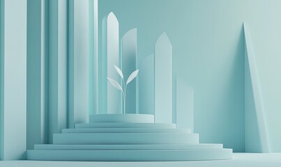 Light blue minimalist podium with plant