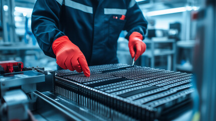 A detailed scene of a technician testing the integrity of a large lithium-ion battery module, wearing heat-resistant gloves and surrounded by testing equipment