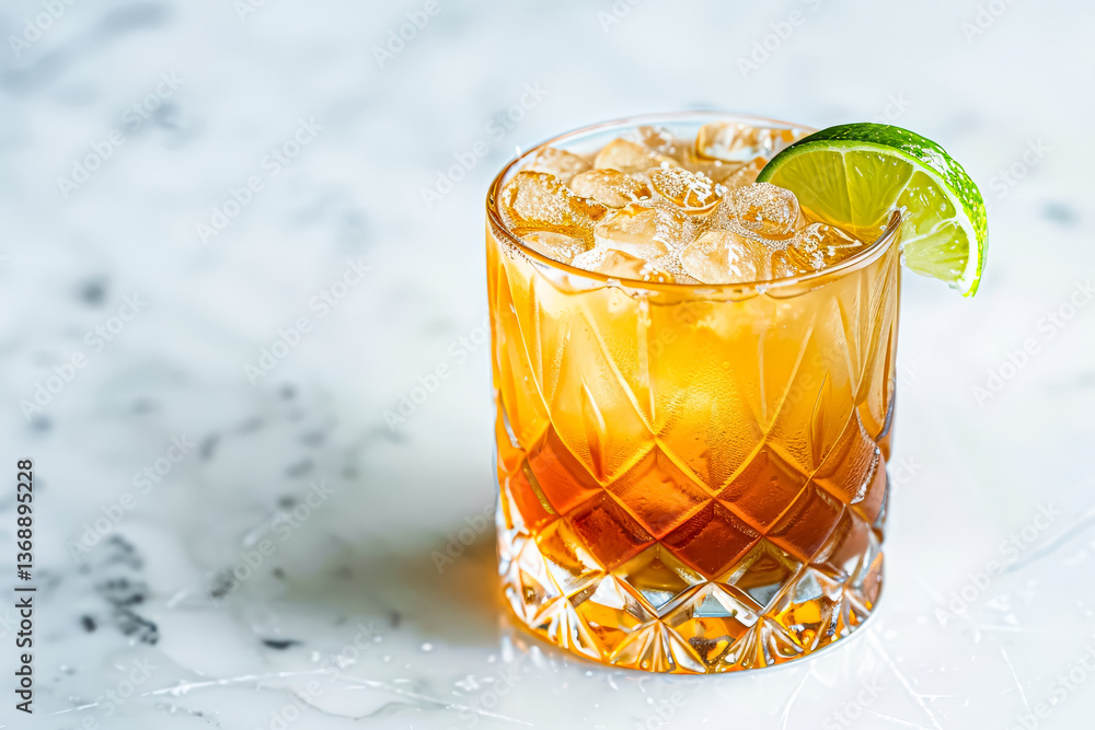 Poster glass of a drink with a lime wedge in it. the drink is a cocktail and the lime wedge is garnished on