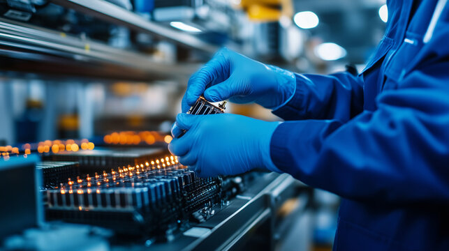 Meticulous technician in thick blue gloves visually inspecting every cell connection of a lithium-ion battery module, ensuring safety and efficiency - Powered by Adobe