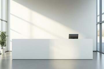 White rectangular reception desk standing in empty room