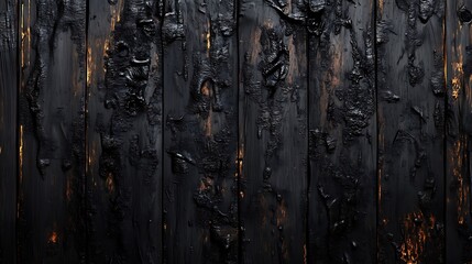 Obraz premium Burnt charred wood wall, deep blackened texture with fire scars