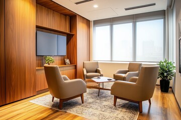 Fototapeta premium Wooden office lounge corner with armchairs and TV