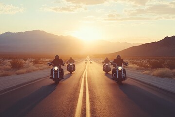 Fototapeta premium Bikers riding motorcycles on desert road at sunset
