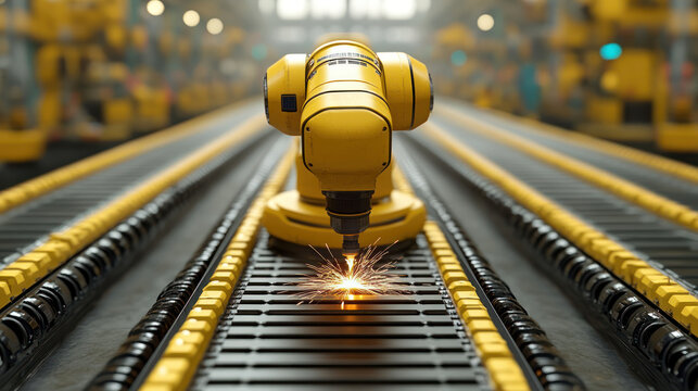 A gleaming yellow robotic arm meticulously cuts metal within a vast, industrial factory setting, producing sparks as it moves along a metallic track.